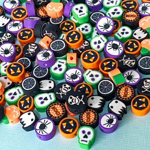 cute kawaii halloween polymer clay bead beads set bag pack orange purple green black white ghost ghosts spider spiders skull skulls pumpkin pumpkins round boo crossbones web uk craft supplies shop store