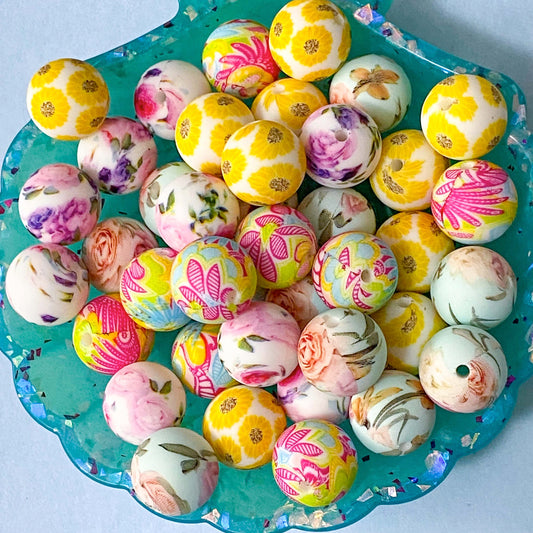 floral flower print pattern bead beads large jumbo big 15mm 16mm silicone soft touch uk cute kawaii pretty beaded pen pens jewellery making craft supplies shop yellow pink cerise aqua lilac flowers round 