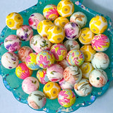floral flower print pattern bead beads large jumbo big 15mm 16mm silicone soft touch uk cute kawaii pretty beaded pen pens jewellery making craft supplies shop yellow pink cerise aqua lilac flowers round 