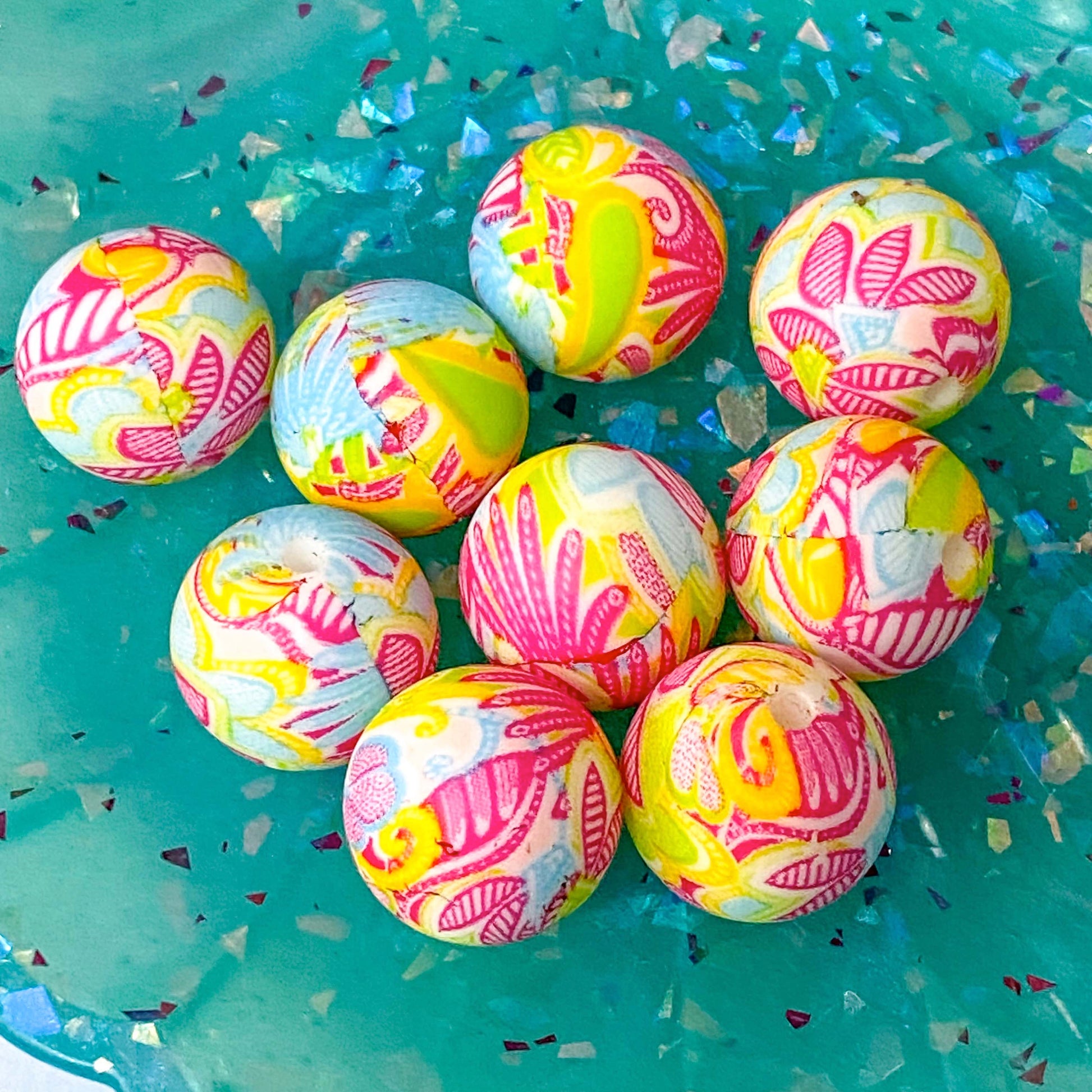 floral flower print pattern bead beads large jumbo big 15mm 16mm silicone soft touch uk cute kawaii pretty beaded pen pens jewellery making craft supplies shop yellow pink cerise aqua lilac flowers round 