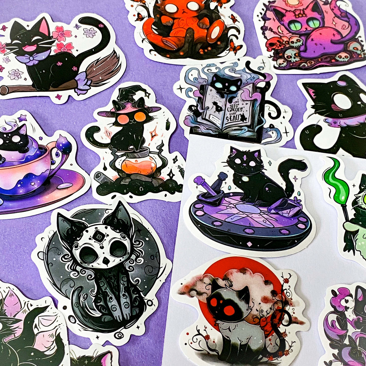 50 different kawaii matte paper cat stickers featuring magical black cats, witches, potions, mushrooms, moons, planets, strawberries, spell books, cute fantasy night time illustrations. uk sticker gift shop.