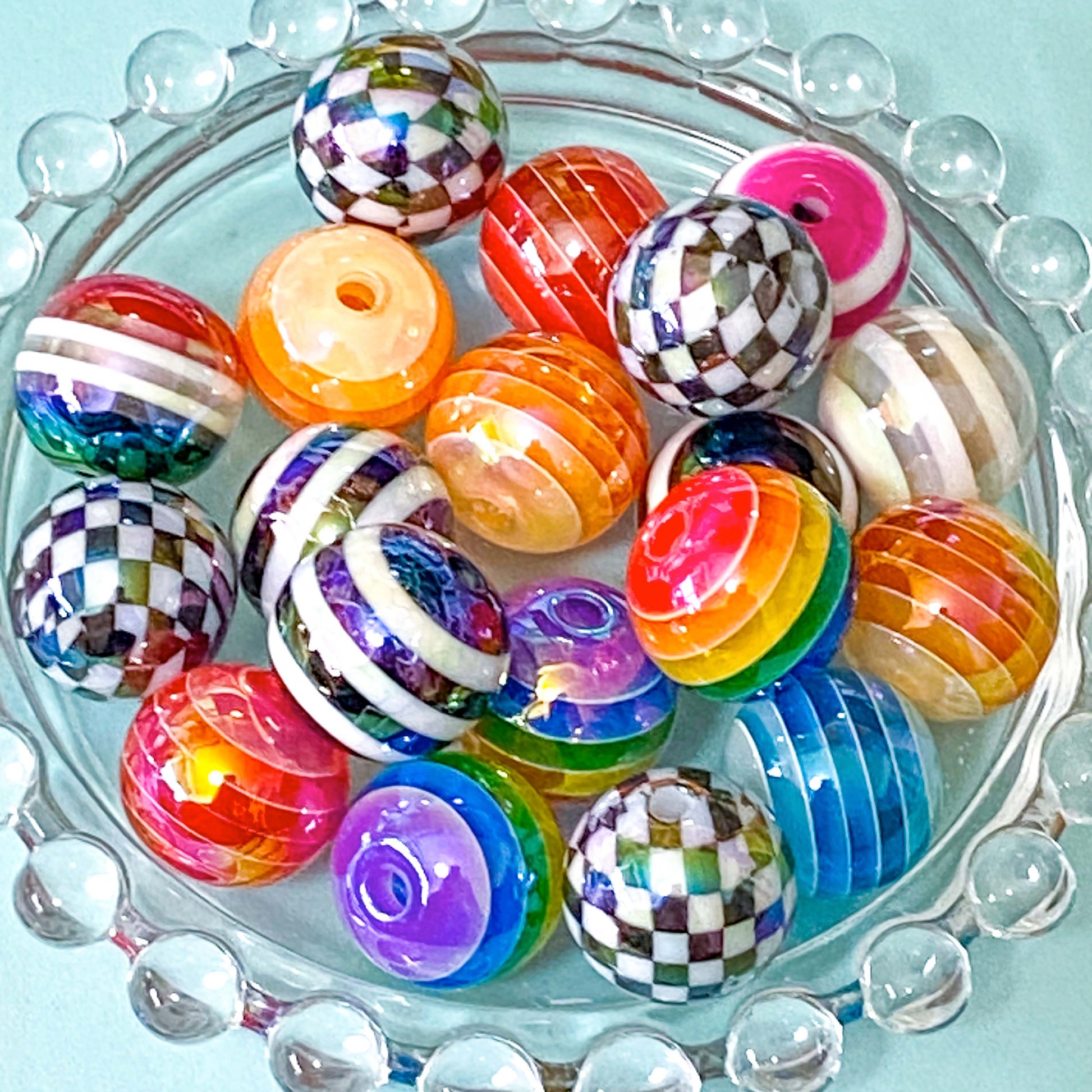 large jumbo big chunky acrylic bead beads 15mm 16mm round striped stripy rainbow checked patterned uk cute kawaii craft supplies shop store bargain iridescent shimmer shimmery ab make your own beaded pen pens jewellery