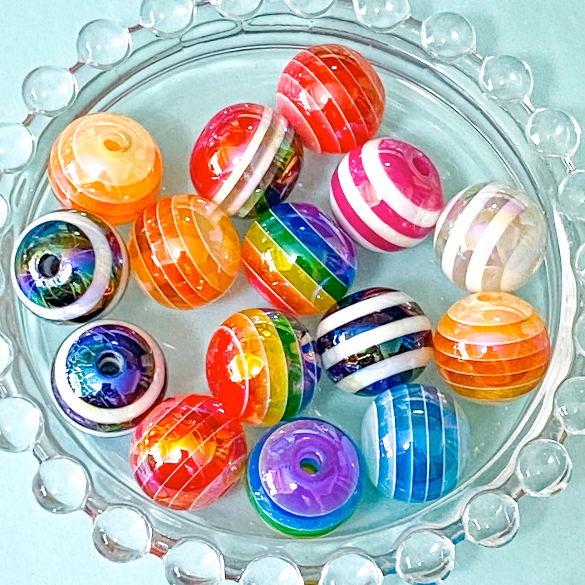 large jumbo big chunky acrylic bead beads 15mm 16mm round striped stripy rainbow checked patterned uk cute kawaii craft supplies shop store bargain iridescent shimmer shimmery ab make your own beaded pen pens jewellery