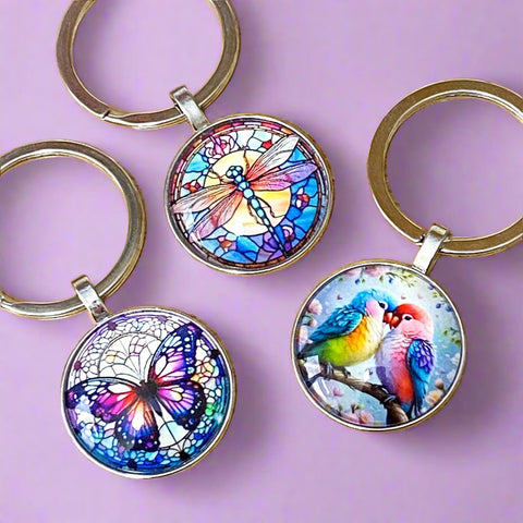 silver tone metal keyring key ring rings chain keychain uk cute kawaii gift gifts glass cabochon bezel domed picture charm butterfly love bird birds dragonfly dragonflies purple blue turquoise lilac shop store