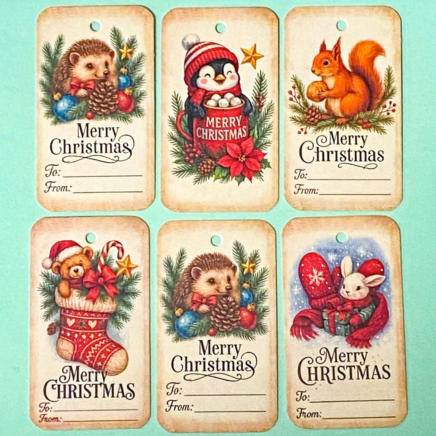 festive christmas gift tag tags kraft brown vintage retro animal animals style uk cute kawaii stationery packaging supplies gifts squirrel bunny rabbit penguin bear bears teddy hedgehog pretty card to and from label labels