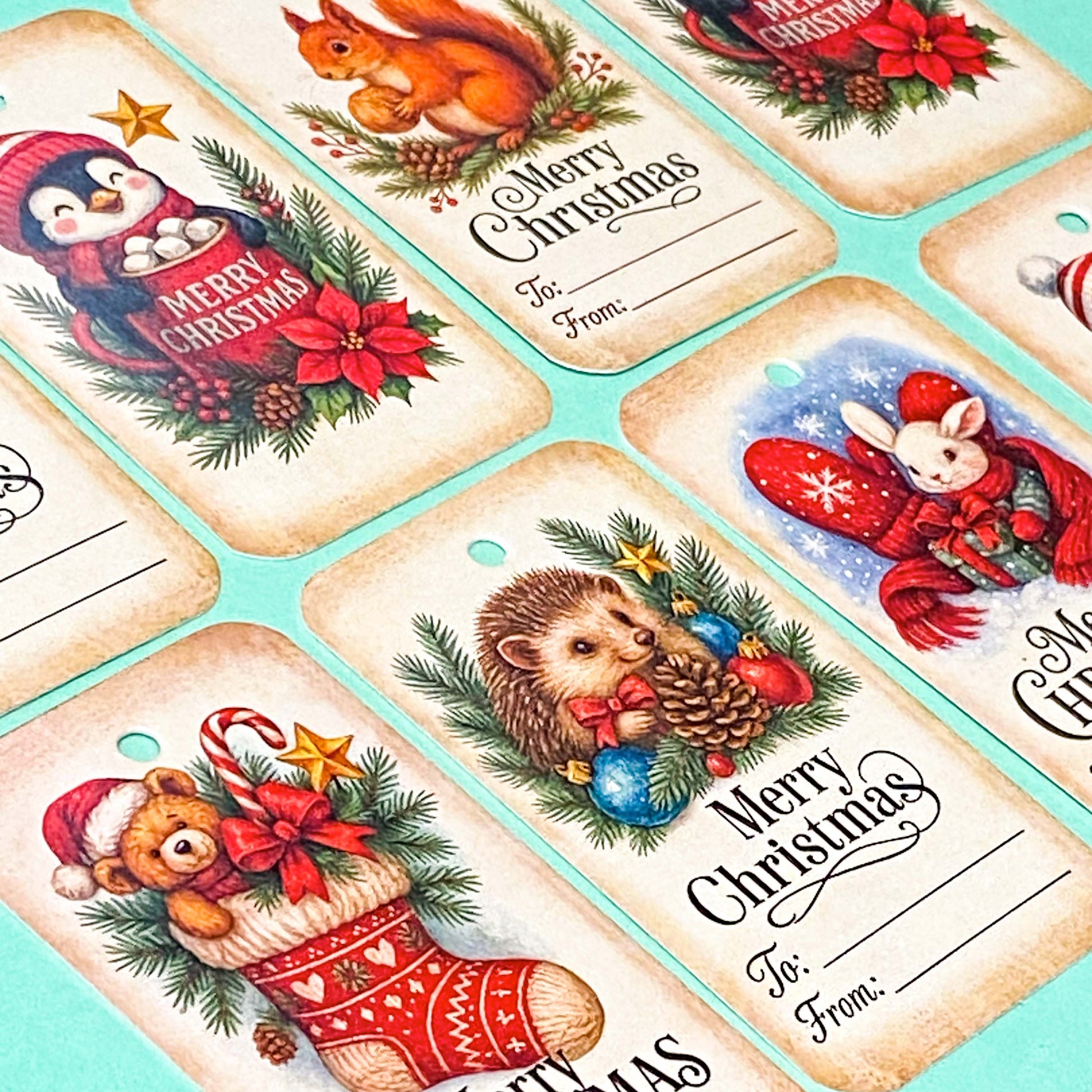 festive christmas gift tag tags kraft brown vintage retro animal animals style uk cute kawaii stationery packaging supplies gifts squirrel bunny rabbit penguin bear bears teddy hedgehog pretty card to and from label labels
