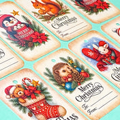 festive christmas gift tag tags kraft brown vintage retro animal animals style uk cute kawaii stationery packaging supplies gifts squirrel bunny rabbit penguin bear bears teddy hedgehog pretty card to and from label labels