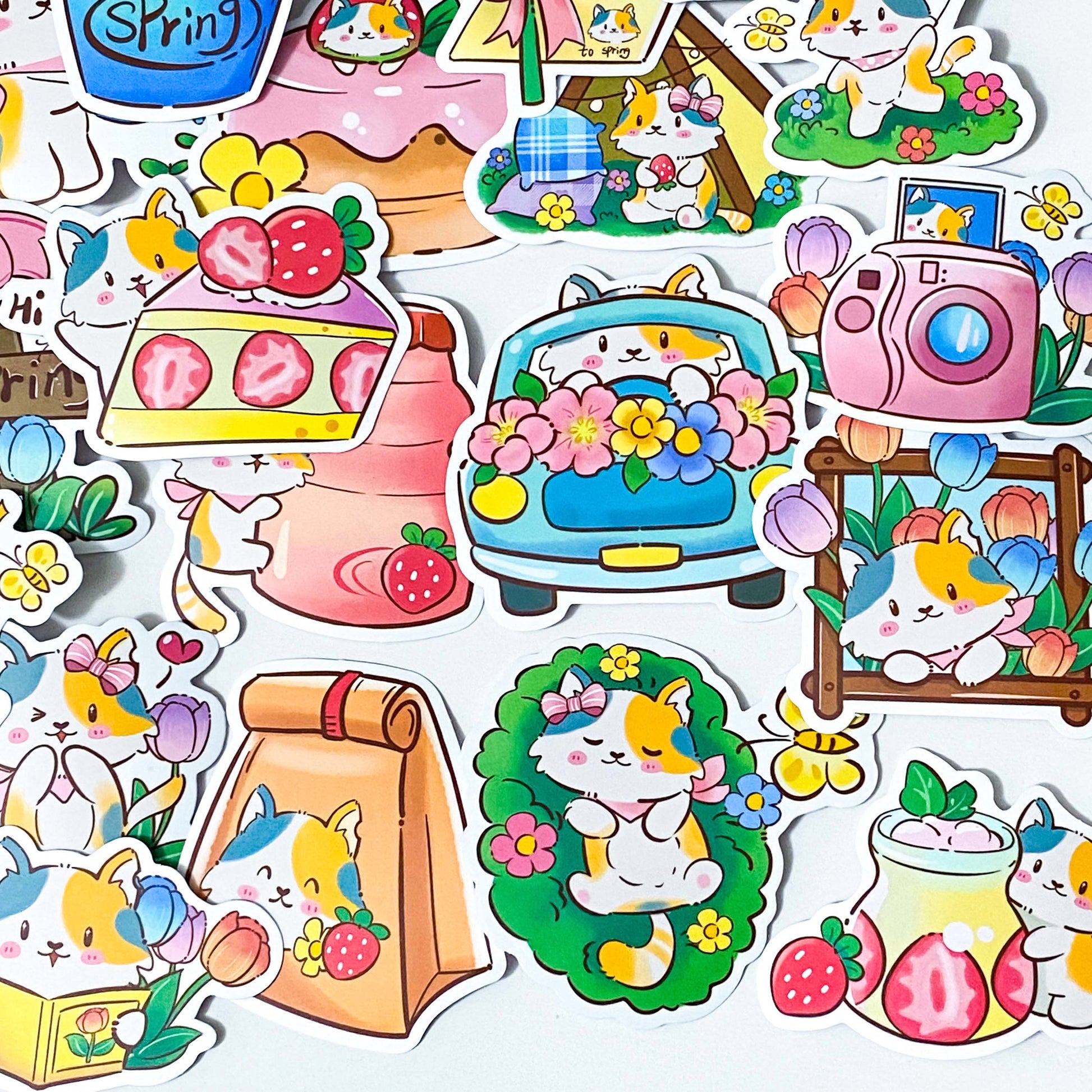 spring cat cats kitty kittens floral flowers cute kawaii laptop sticker stickers pack uk stationery gift gifts shop store pretty pink colourful food drink set 6 20 big large matte