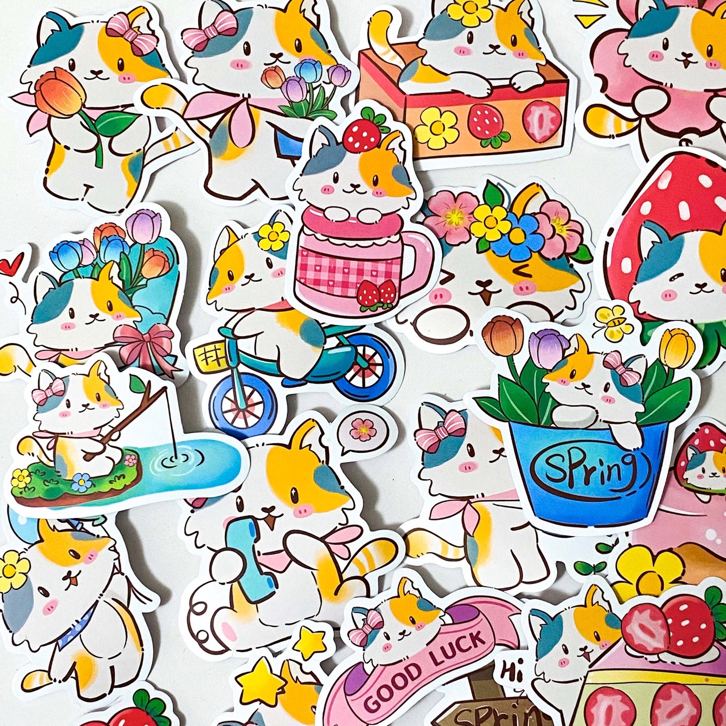 spring cat cats kitty kittens floral flowers cute kawaii laptop sticker stickers pack uk stationery gift gifts shop store pretty pink colourful food drink set 6 20 big large matte