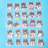 Collection of cute grey cat-themed sticker flakes on a blue background