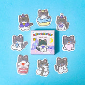 grey cat cute sticker flakes box of 50 on a blue background