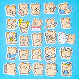 Collection of 50 glossy cartoon bear stickers on a blue background