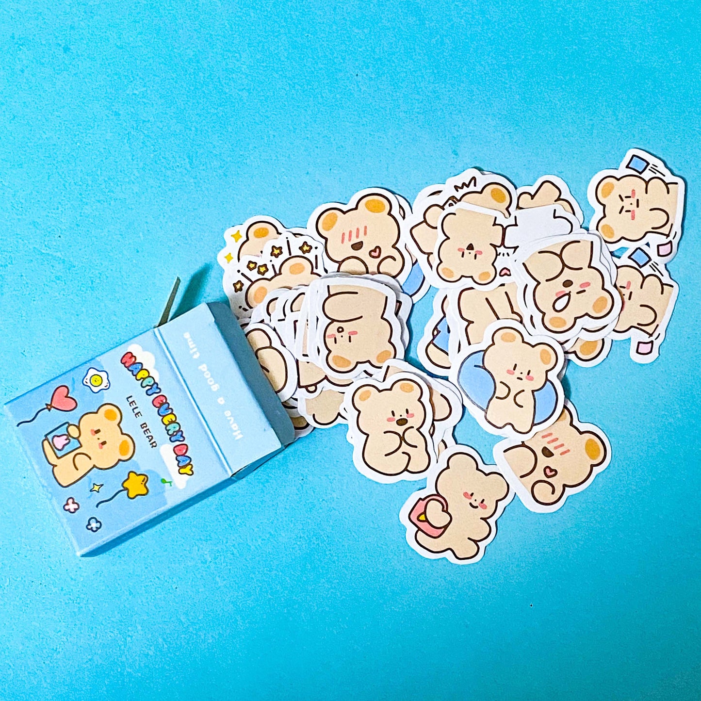mini box of 50 kawaii bear sticker flakes on a blue background
