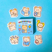 Set of cute bear-themed stickers around a 'Happy Everyday Lele Bear' box on a blue background