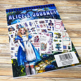 large Alice's Journey paper sticker book featuring 20 big matte pages of wonderland inspired fantasy stickers with castles, mushrooms, florals, vintage frames and blue fairytale illustrations