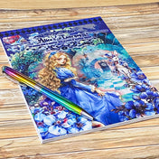 large Alice's Journey paper sticker book featuring 20 big matte pages of wonderland inspired fantasy stickers with castles, mushrooms, florals, vintage frames and blue fairytale illustrations