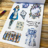large Alice's Journey paper sticker book featuring 20 big matte pages of wonderland inspired fantasy stickers with castles, mushrooms, florals, vintage frames and blue fairytale illustrations