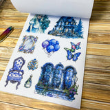 large Alice's Journey paper sticker book featuring 20 big matte pages of wonderland inspired fantasy stickers with castles, mushrooms, florals, vintage frames and blue fairytale illustrations