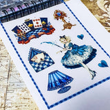 small spiral bound curiouser and curiouser alice clear PET sticker folio featuring fantasy stickers with mushrooms, roses, playing cards, rabbits and vintage gothic fairytale artwork