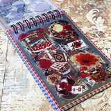 small spiral bound curiouser and curiouser alice clear PET sticker folio featuring fantasy stickers with mushrooms, roses, playing cards, rabbits and vintage gothic fairytale artwork