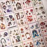 small spiral bound curiouser and curiouser alice clear PET sticker folio featuring fantasy stickers with mushrooms, roses, playing cards, rabbits and vintage gothic fairytale artwork