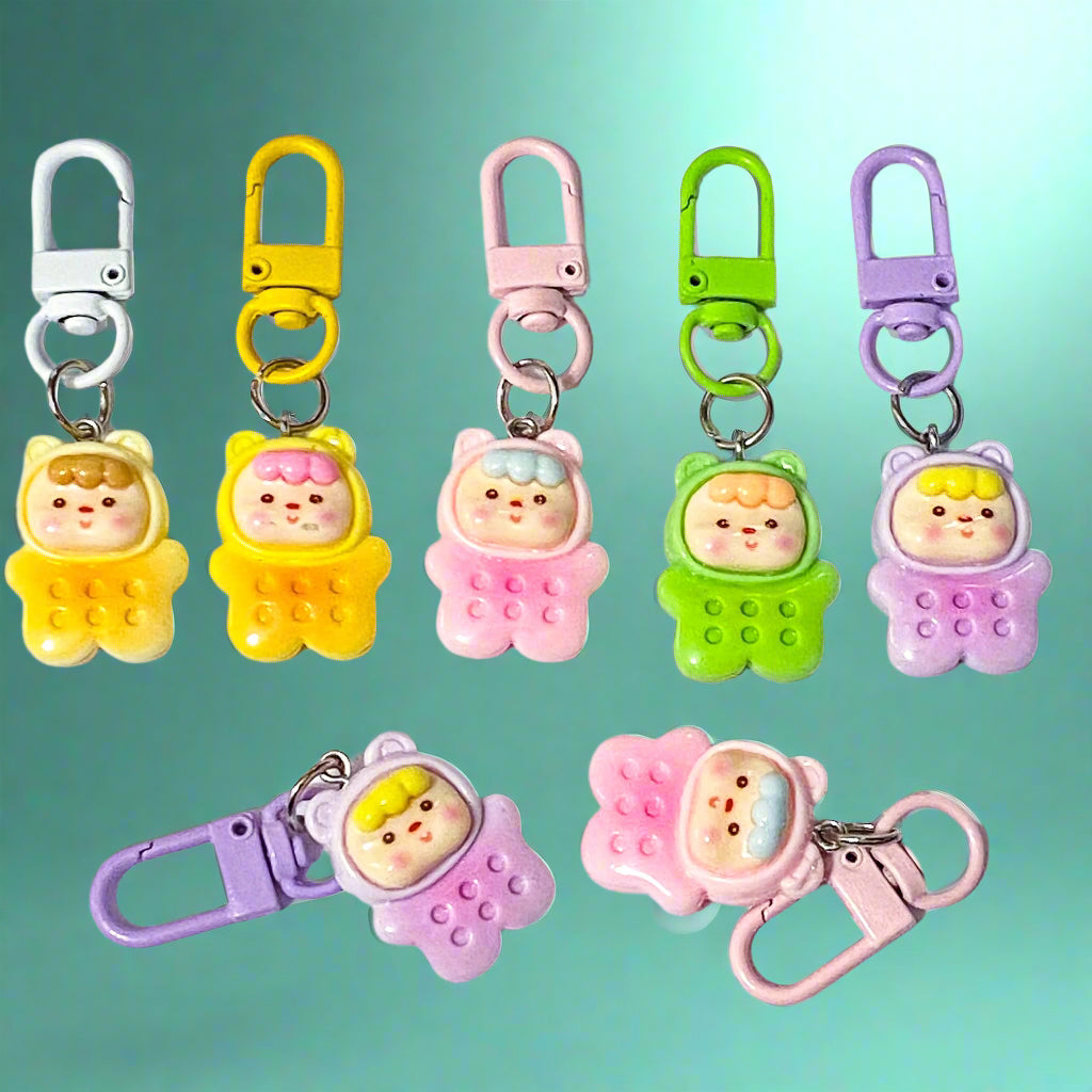 cute kawaii bear costume fun biscuit shape food foods boy little boys clip clips charm charms key keyring bag accessory pink lilac brown cream yellow green uk gift gifts shop store bears