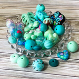 large bead bundle of silicone and acrylic beads 12mm to 36mm for making beaded pens, keyrings etc. Assortment of turquoise, teal, mint and aqua green and blue. uk cute craft supplies bundles.