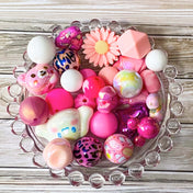 pink and white large bundle of jumbo beads in acrylic and silicone. for beaded pens and jewellery. 12mm to 34mm. hearts, flowers, animals and round. uk cute kawaii craft supplies shop.