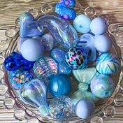 blue large acrylic and silicone beads bundle of 22. Perfect for making jewellery and beaded pens. Designs include dolphin, round, bow, heart and leaf. Uk cute craft supplies shop. 