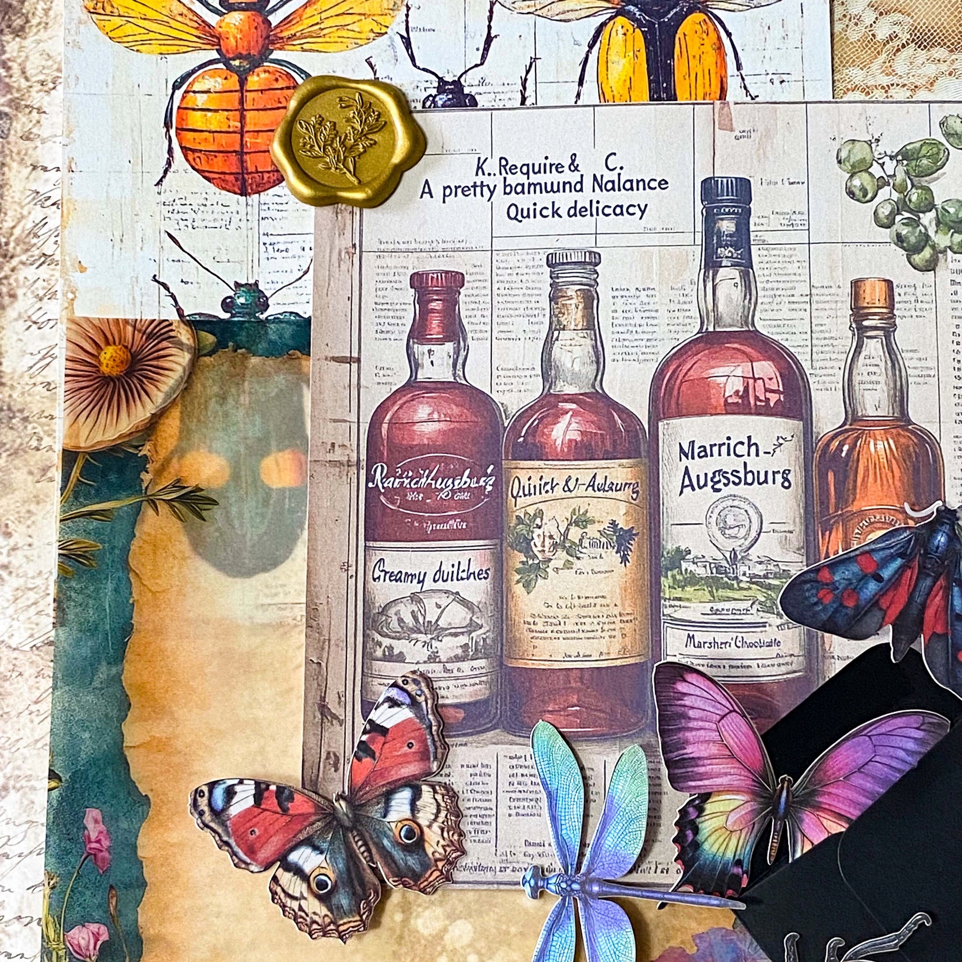 scrapbooking starter bundle with sepia scrapbook papers, vellum, vintage books bookmark, envelopes, card insect stickers, writing paper, textured papers and mini bottle. uk ephemera.