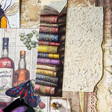 scrapbooking starter bundle with sepia scrapbook papers, vellum, vintage books bookmark, envelopes, card insect stickers, writing paper, textured papers and mini bottle. uk ephemera.
