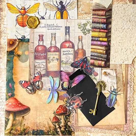 scrapbooking starter bundle with sepia scrapbook papers, vellum, vintage books bookmark, envelopes, card insect stickers, writing paper, textured papers and mini bottle. uk ephemera.