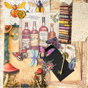 scrapbooking starter bundle with sepia scrapbook papers, vellum, vintage books bookmark, envelopes, card insect stickers, writing paper, textured papers and mini bottle. uk ephemera.