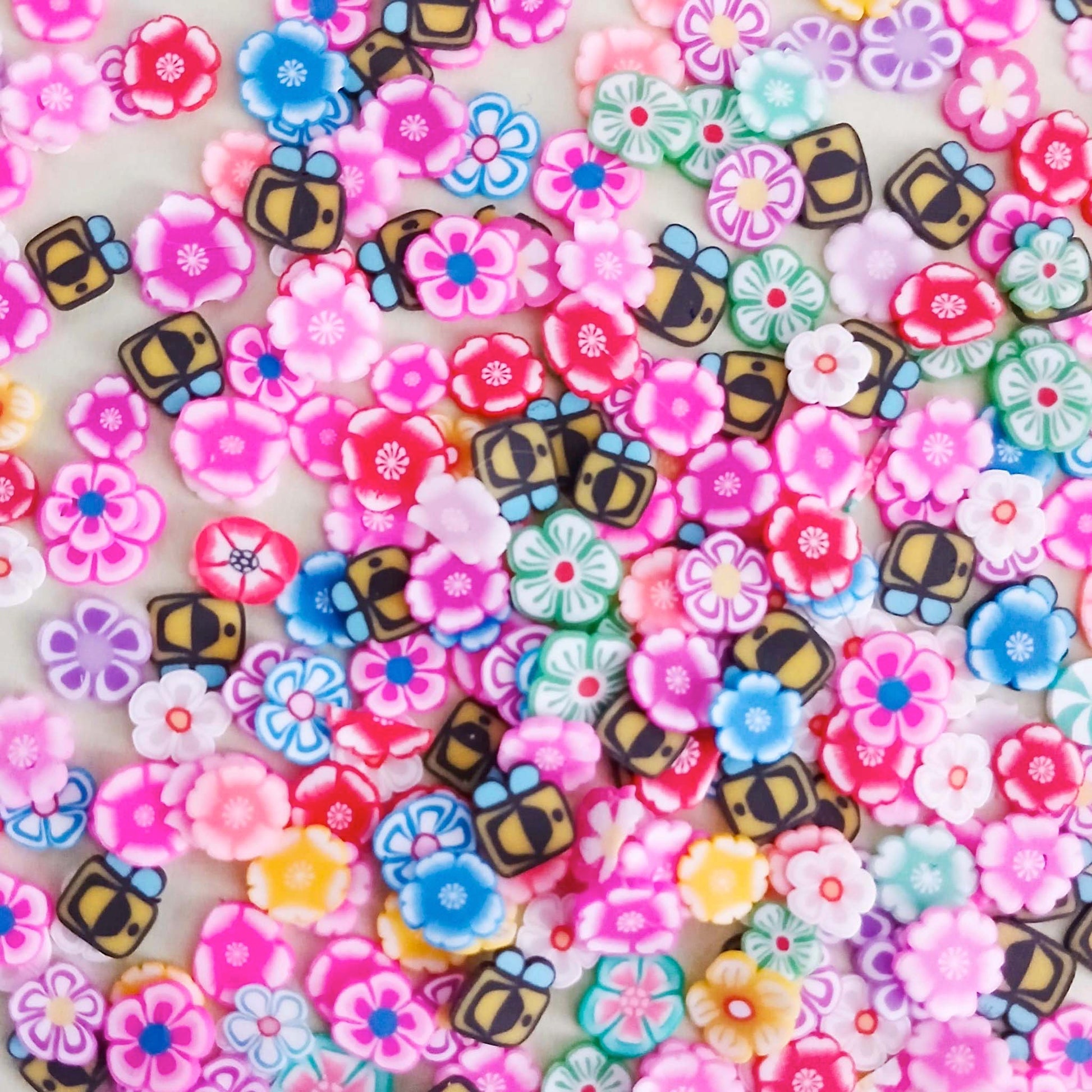 honeybee bumblebee bee bees polymer clay sprinkle sprinkles floral flower flowers uk cute kawaii craft supplies shop store colourful yellow blue pink