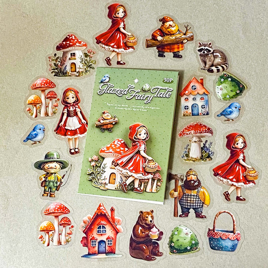 little red riding hood ceramic glazed clear PET sticker set of 30 designs including girl, cottage, mushrooms, basket, raccoon, brown bear, blue bird and woodcutter. Uk cute stationery shop.