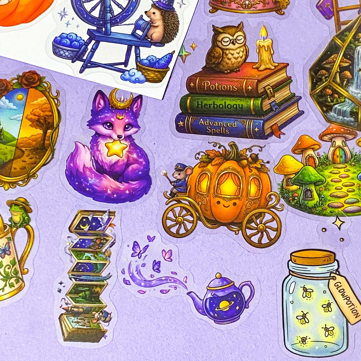 a pocketful of magic pet clear stickers, 50 different halloween and witchy designs including magical cats, potion books, celestial creatures, pumpkins, animals, owls, foxes, clocks and enchanted objects, uk cute and kawaii stationery shop.