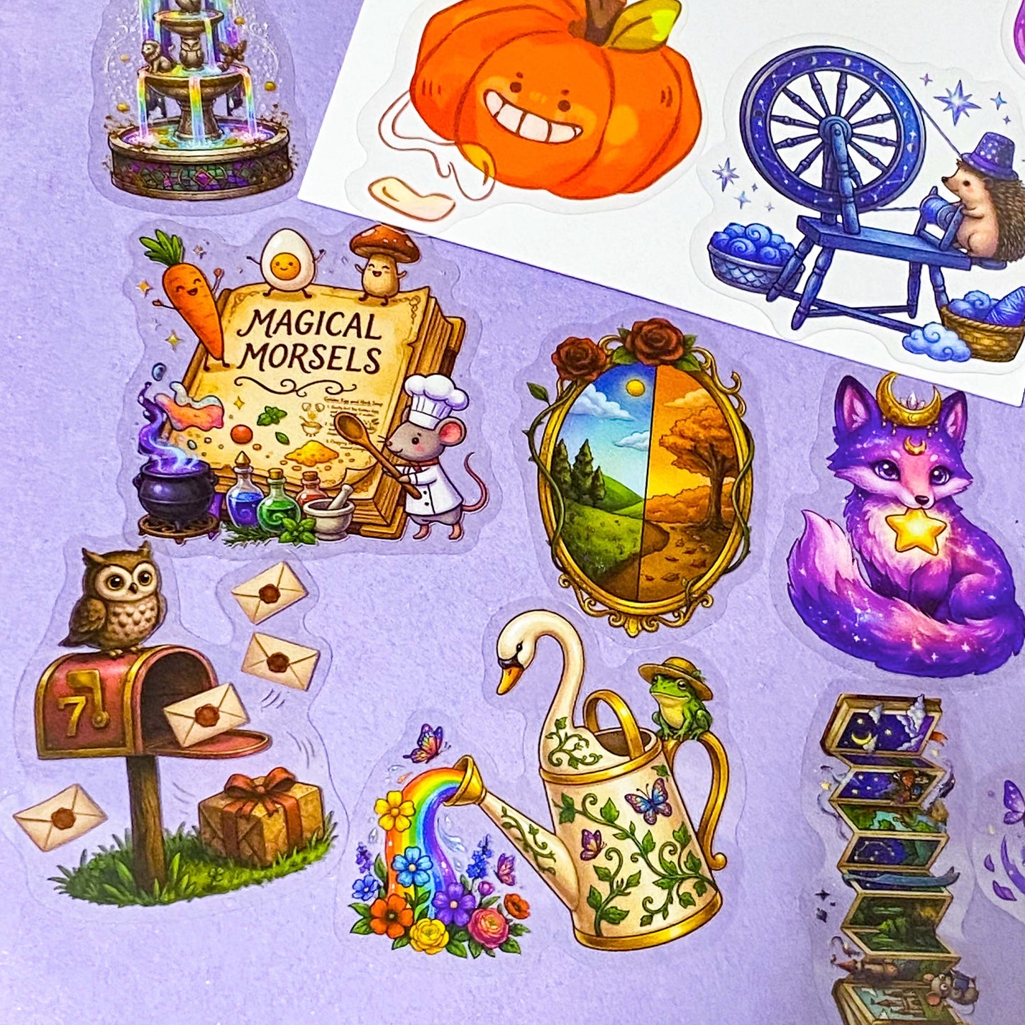 a pocketful of magic pet clear stickers, 50 different halloween and witchy designs including magical cats, potion books, celestial creatures, pumpkins, animals, owls, clocks and enchanted objects, uk cute and kawaii stationery shop.