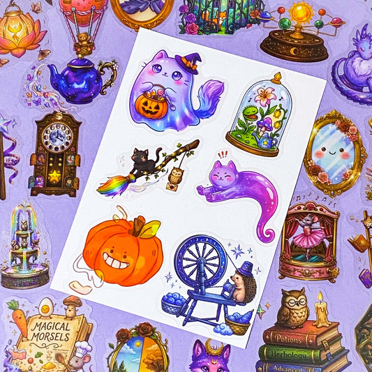 a pocketful of magic pet clear stickers, 50 different halloween and witchy designs including magical cats, potion books, celestial creatures, pumpkins, animals, owls, clocks and enchanted objects, uk cute and kawaii stationery shop.