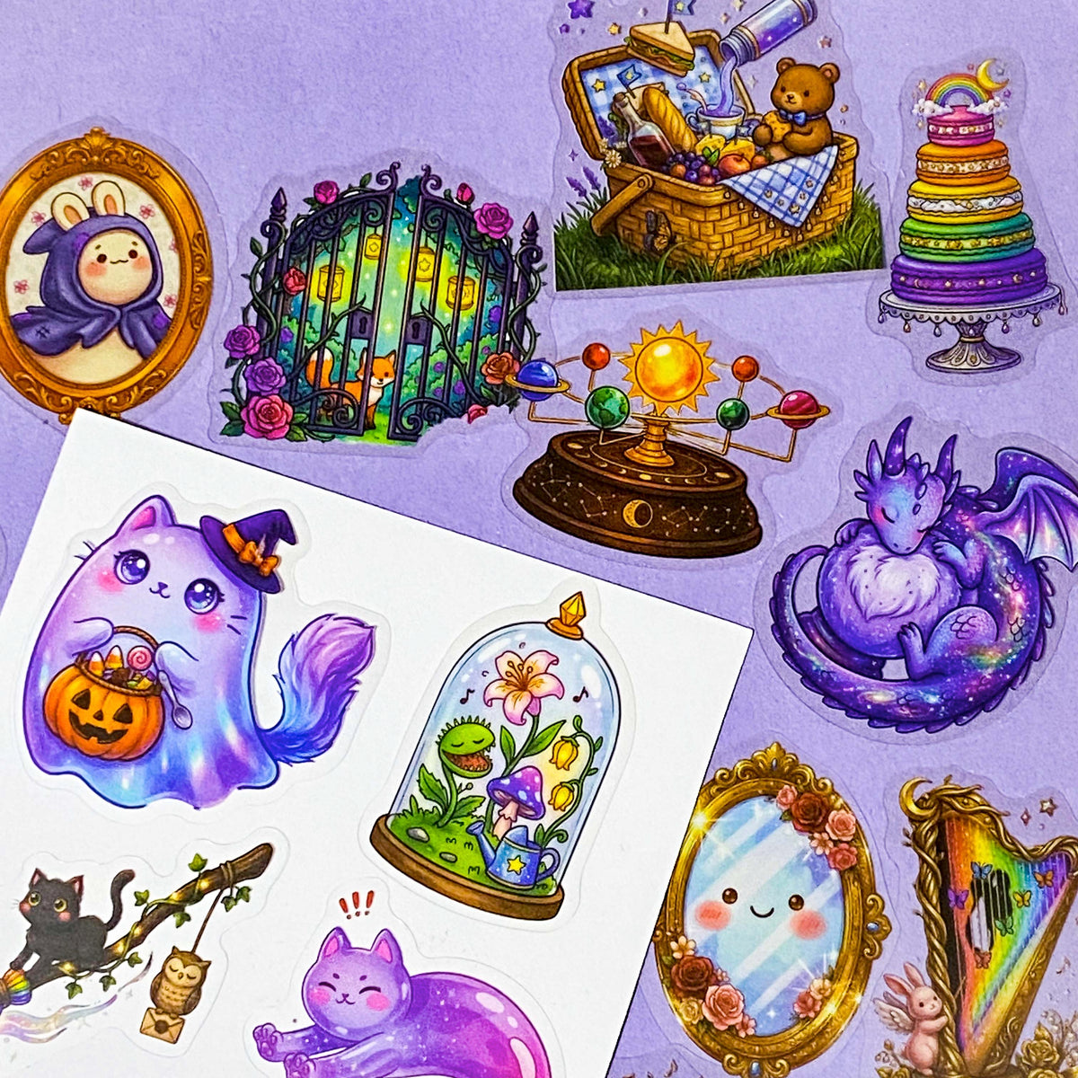 a pocketful of magic pet clear stickers, 50 different halloween and witchy designs including magical cats, potion books, celestial creatures, pumpkins, animals, owls, clocks and enchanted objects, uk cute and kawaii stationery shop.