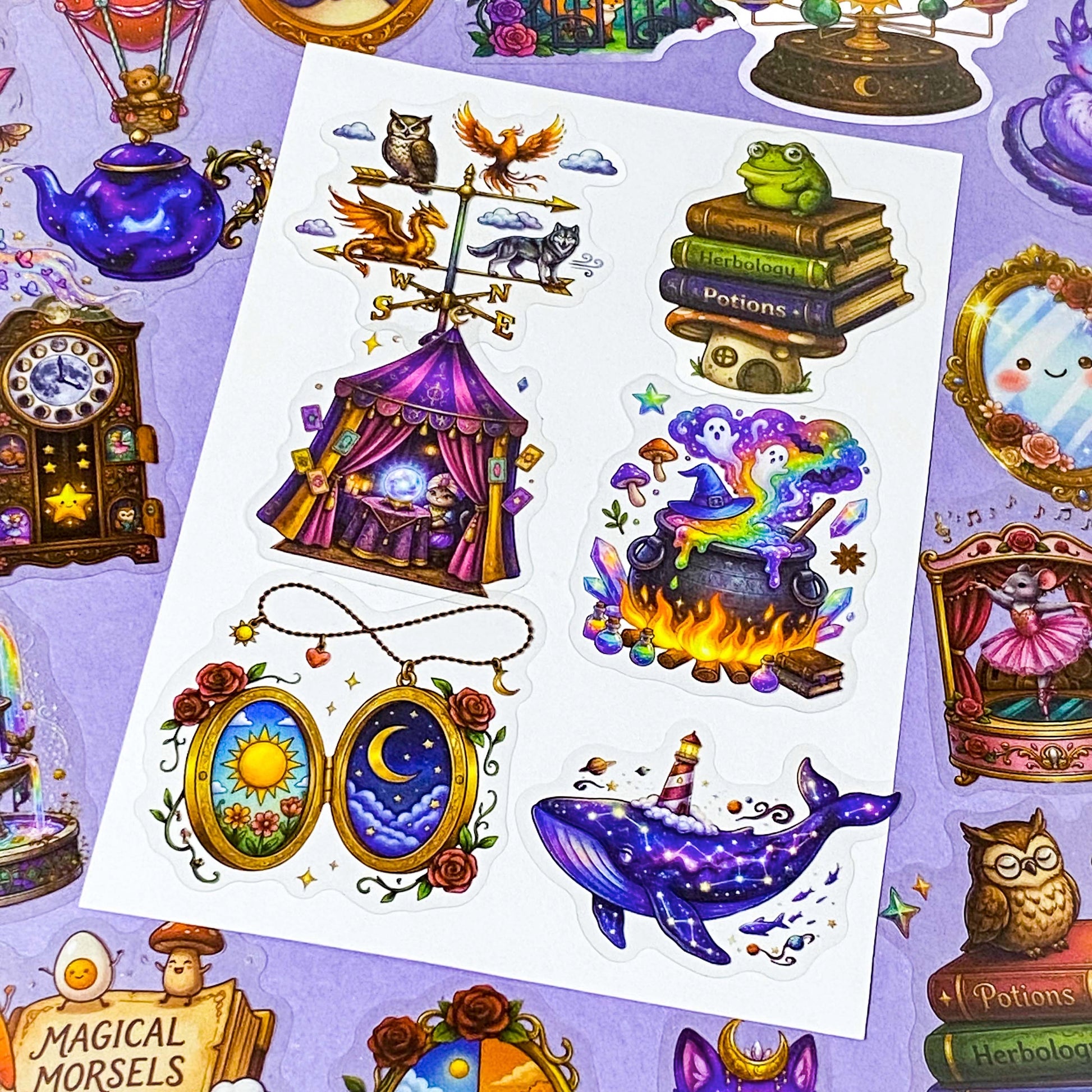 a pocketful of magic pet clear stickers, 50 different halloween and witchy designs including magical cats, potion books, celestial creatures, pumpkins, animals, owls, clocks and enchanted objects, uk cute and kawaii stationery shop.