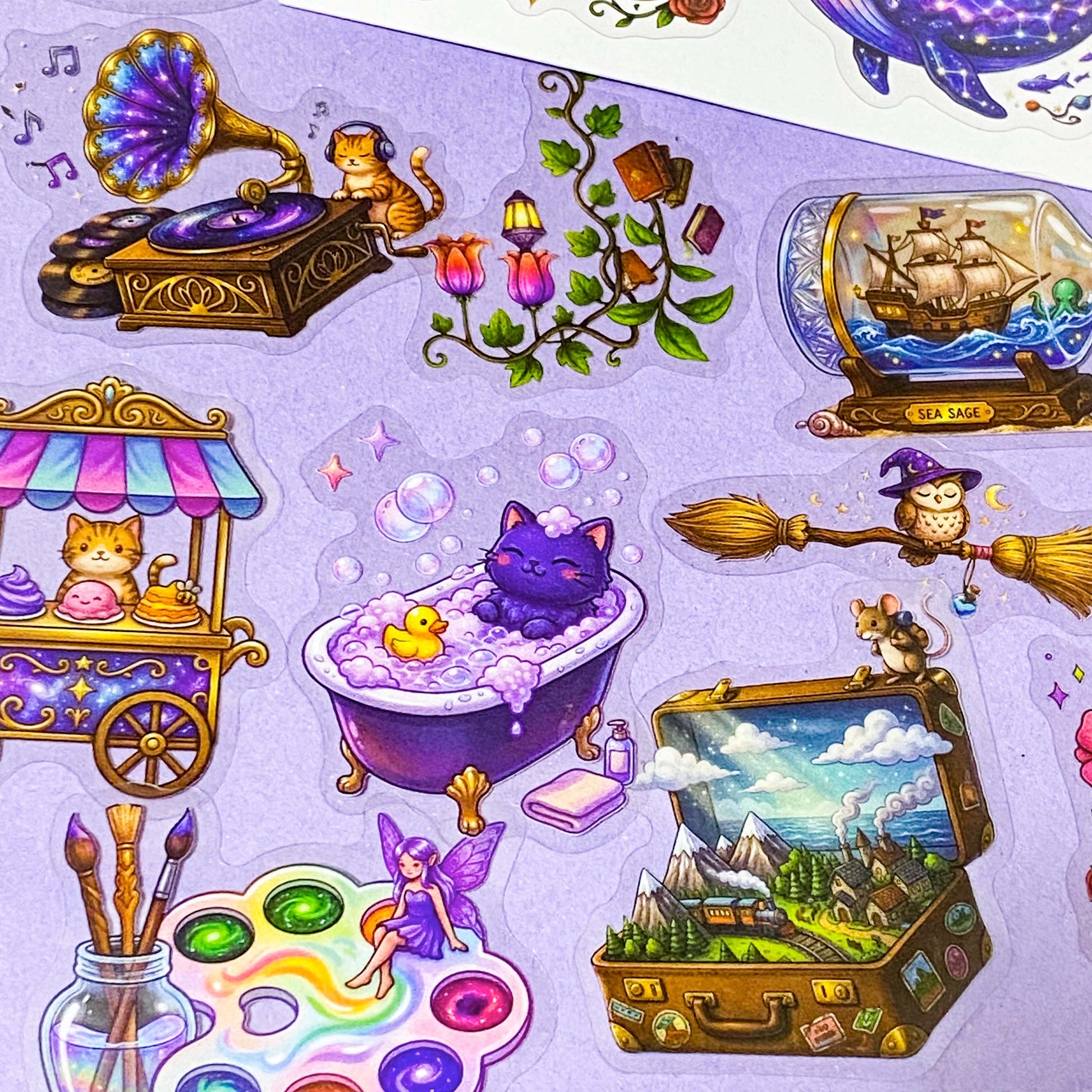 a pocketful of magic pet clear stickers, 50 different halloween and witchy designs including magical cats, potion books, celestial creatures, pumpkins, animals, owls, clocks and enchanted objects, uk cute and kawaii stationery shop.