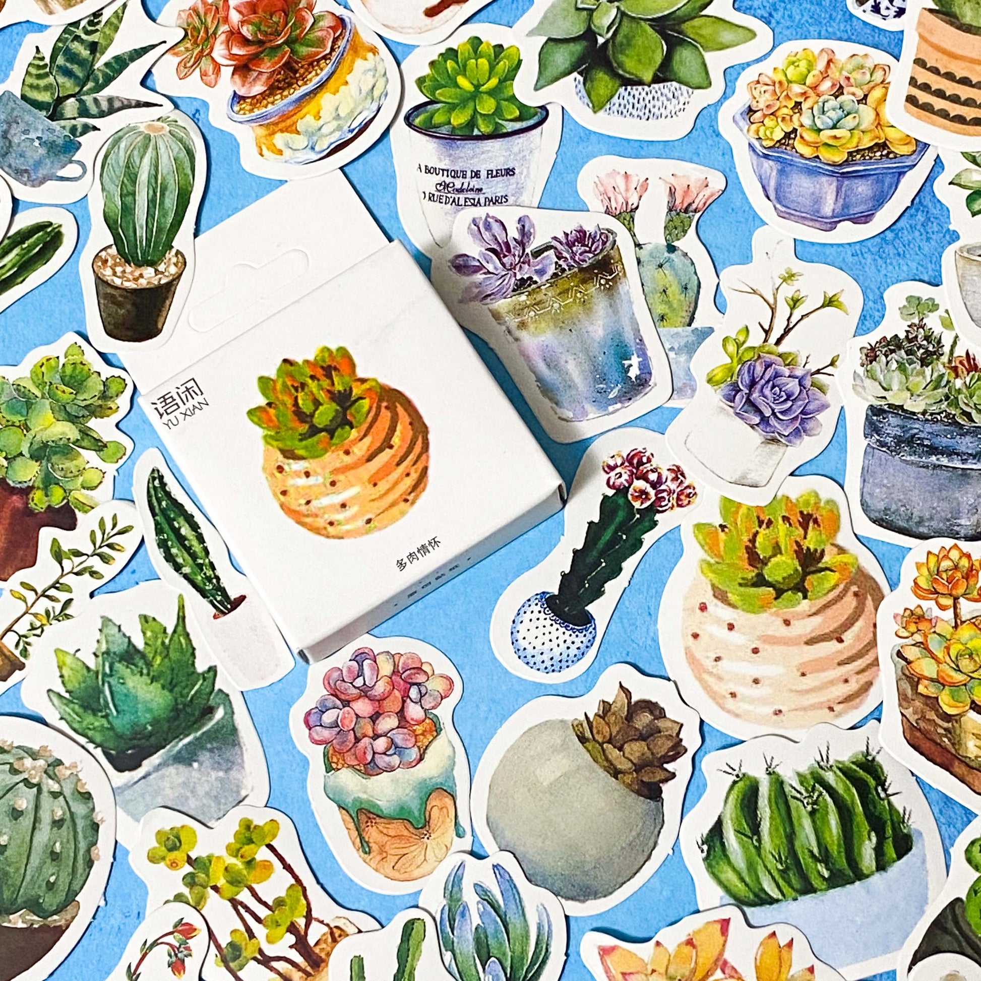 cacti cactus succulent succulents plant plants sticker stickers flake flakes box mini pack 50 uk cute kawaii stationery shop store pot pots pretty gift gifts green flower flowers