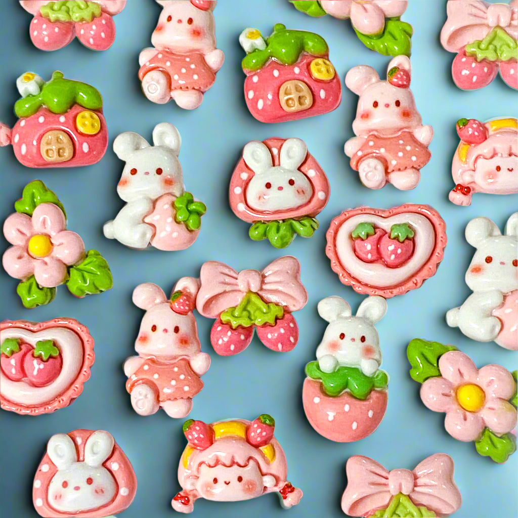 resin flatback flat back backs fb fbs flatbacks resins embellishments k cute kawaii craft supplies shop store bunny rabbit pink white green flower floral spring easter strawberries strawberry house girl