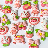 resin flatback flat back backs fb fbs flatbacks resins embellishments k cute kawaii craft supplies shop store bunny rabbit pink white green flower floral spring easter strawberries strawberry house girl