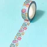 gold foil blue washi tape with an easter eggs pattern on a blue background