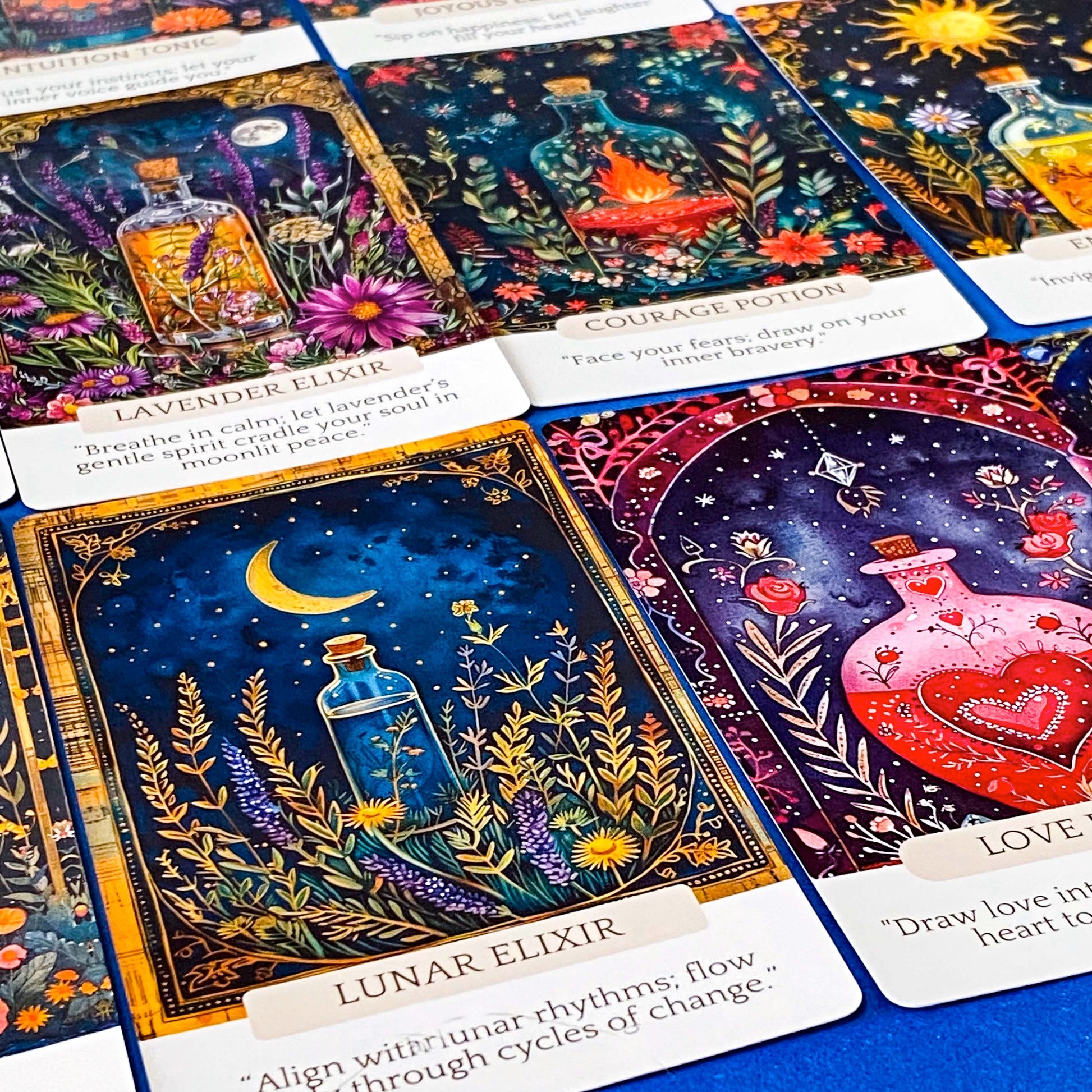 botanical oracle potion cards featuring lunar elixir and love potions