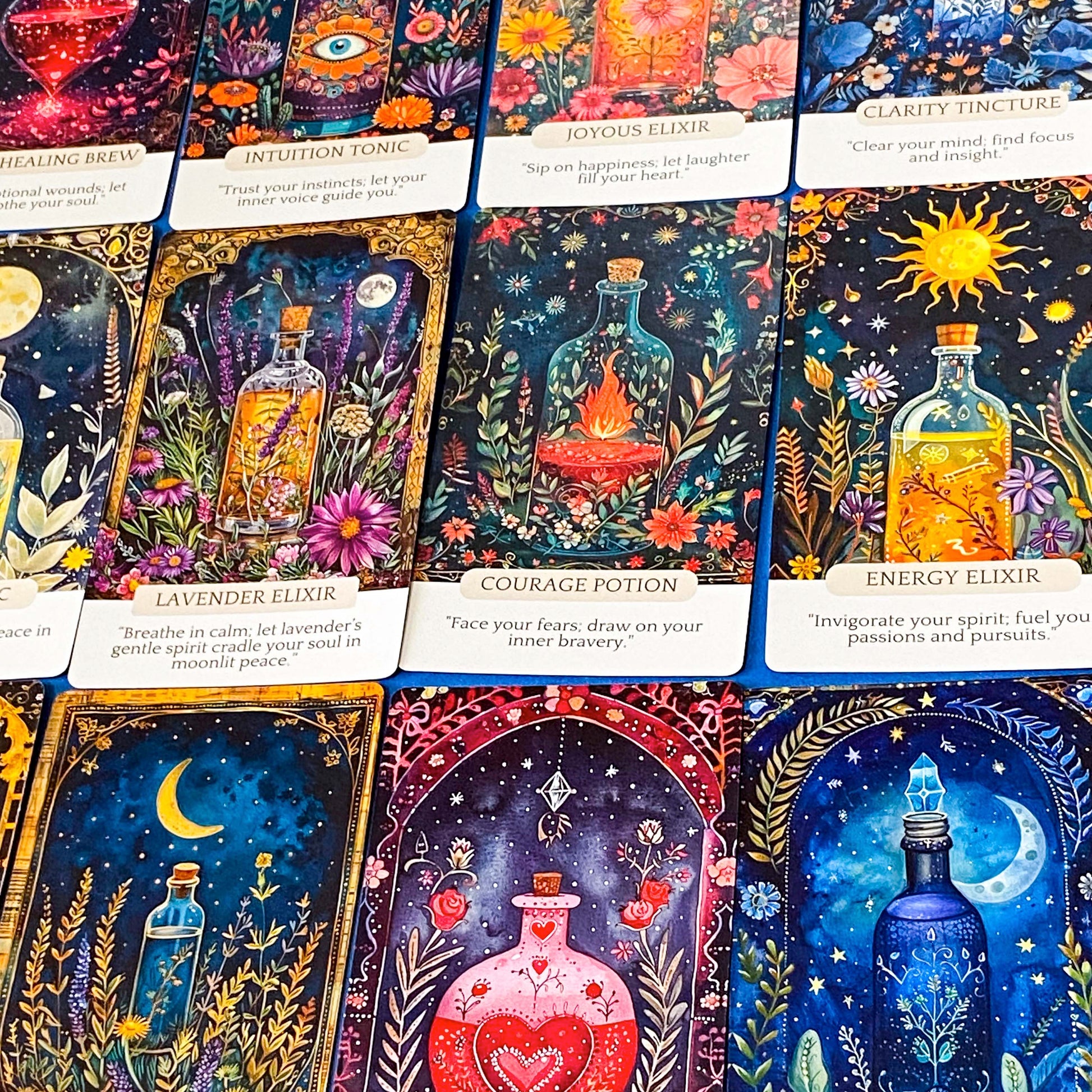 set of potion oracle cards featuring courage potion, clarity tincture, joyous potion and love potion
