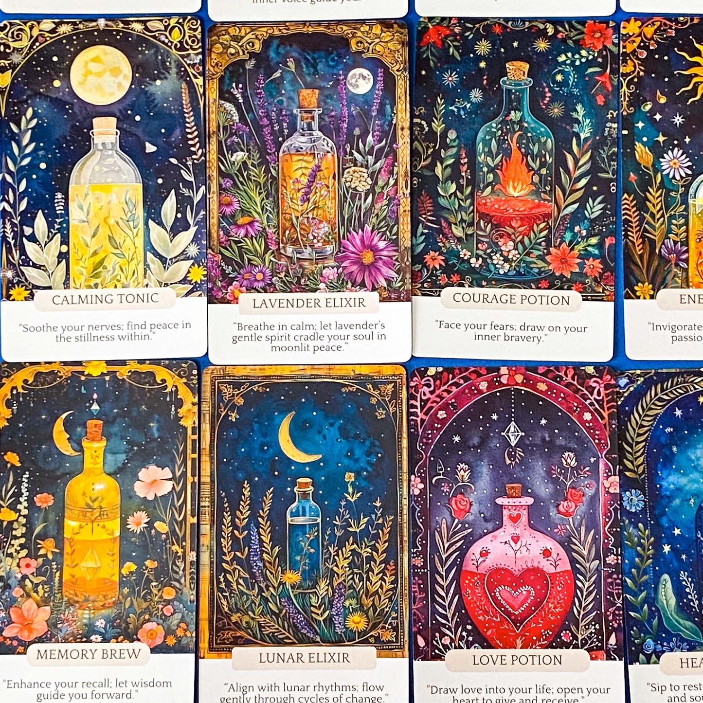 set of potion oracle cards featuring lunar elixir, love potion, courage potion, calming tonic and memory brew in vintage botanical style