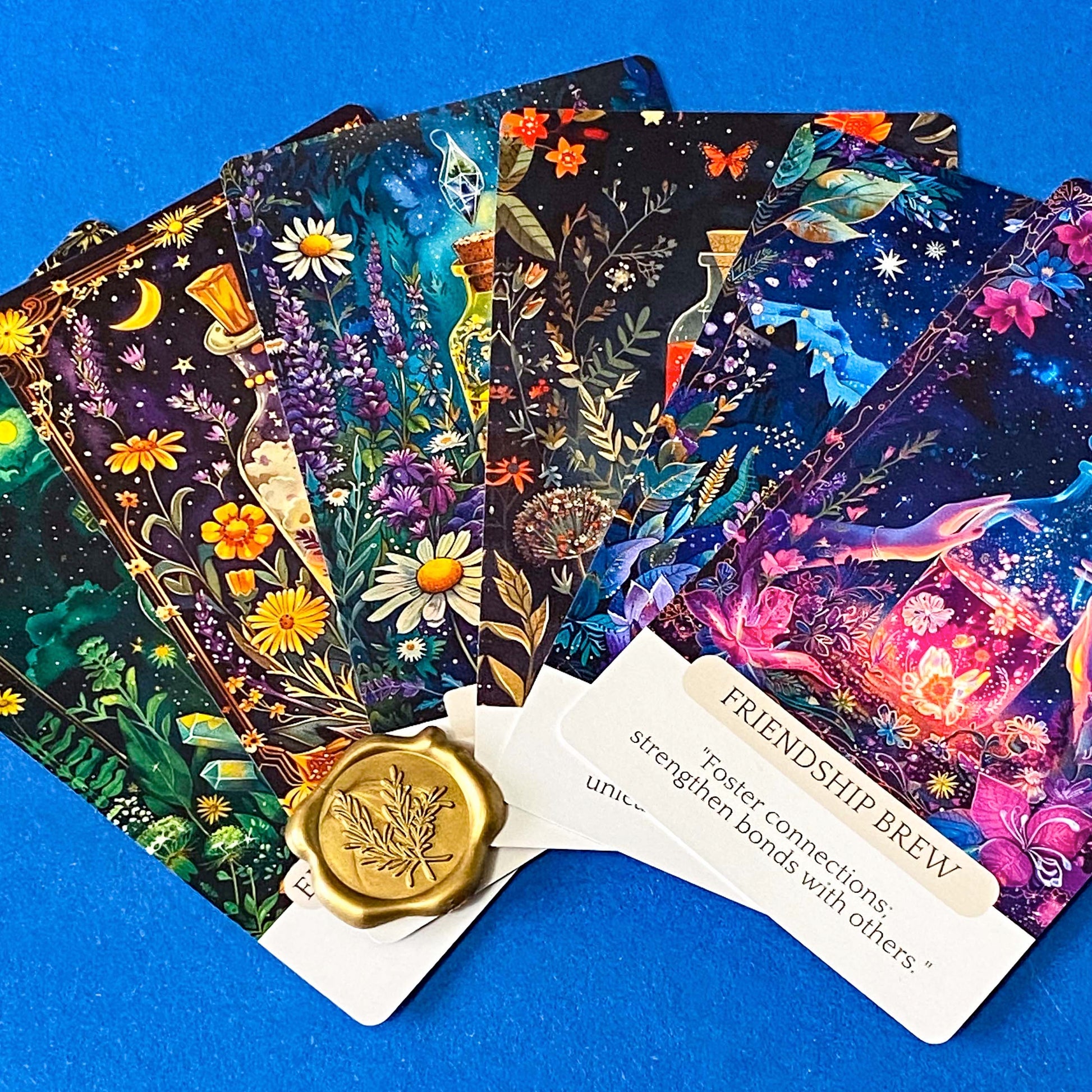 potion oracle cards pack with botanical and celestial illustrations, 6 card set with wax seal presentation, mystical apothecary style gift