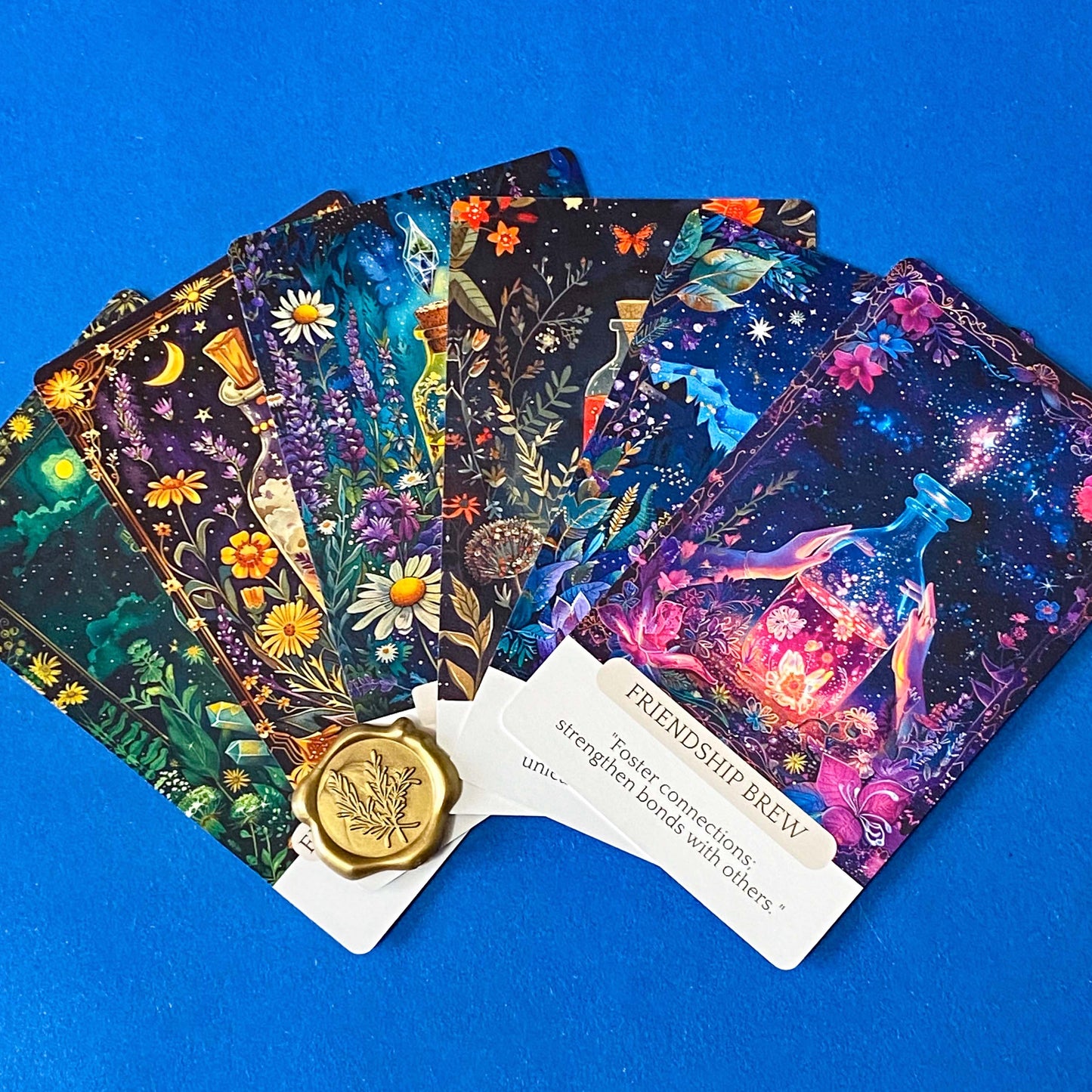 potion oracle cards pack with botanical and celestial illustrations, 6 card set with wax seal presentation, mystical apothecary style gift